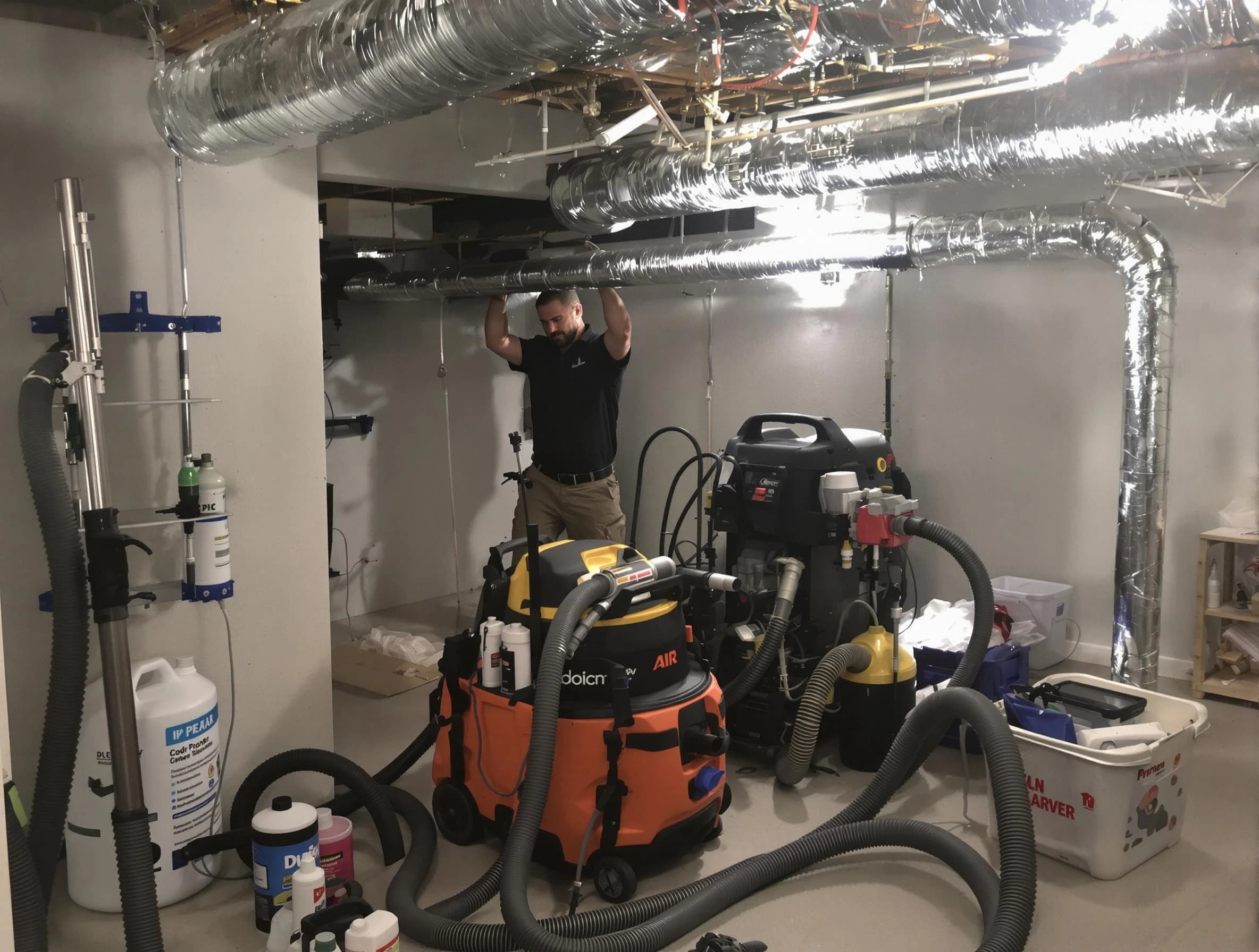 Syracuse Air Duct Cleaning specialist performing professional mold removal from air ducts using safety equipment in Syracuse